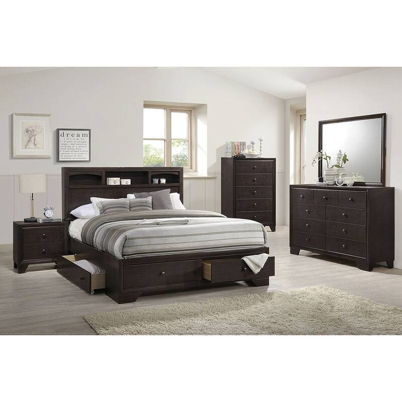 Transitional Style 1pc Bed Set Underbed Drawers Round Knobs Open Shelf Headboard Dark Walnut Finish Bedroom Furniture