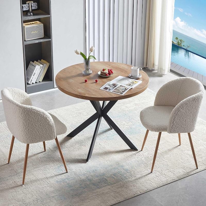 Howtai Round Dining Table Set with Fluffy Sherpa Arm Chairs Space Saving