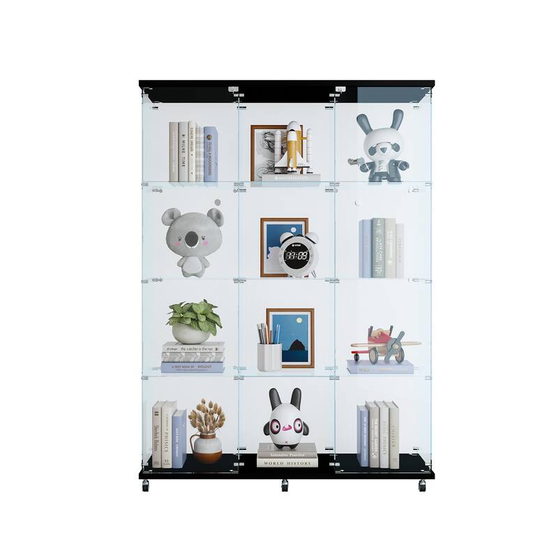 12 Shelves Glass Display Cabinet with 3 Columns and Lock, Curio Cabinets Tempered Glass Floor Standing Bookshelf for Living Room