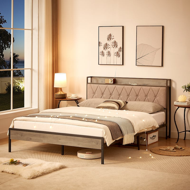 Grey Queen Platform Bed Frame with Charging Station and Steel Supports