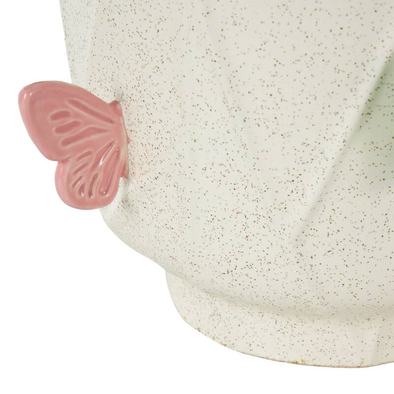 White Ceramic Wide Butterfly Decorative Vase with Multicolor Accents