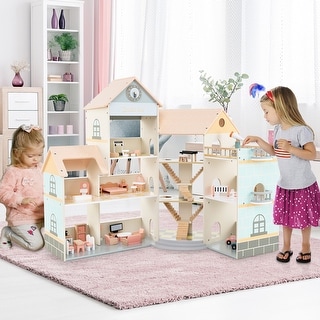 Wooden Corner Dollhouse Playset with 41 Pieces Accessories for Kids 3+ Years Old - 34" x 12.5" x 37" (L x W x H)