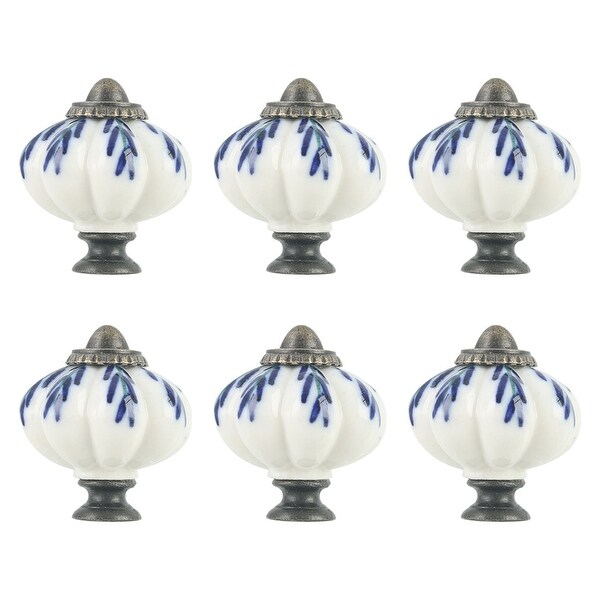 6pcs Ceramic Knobs Vintage Knob Drawer Round Pull Handle Furniture Cupboard Wardrobe Dresser Door Decorative, White + Blue