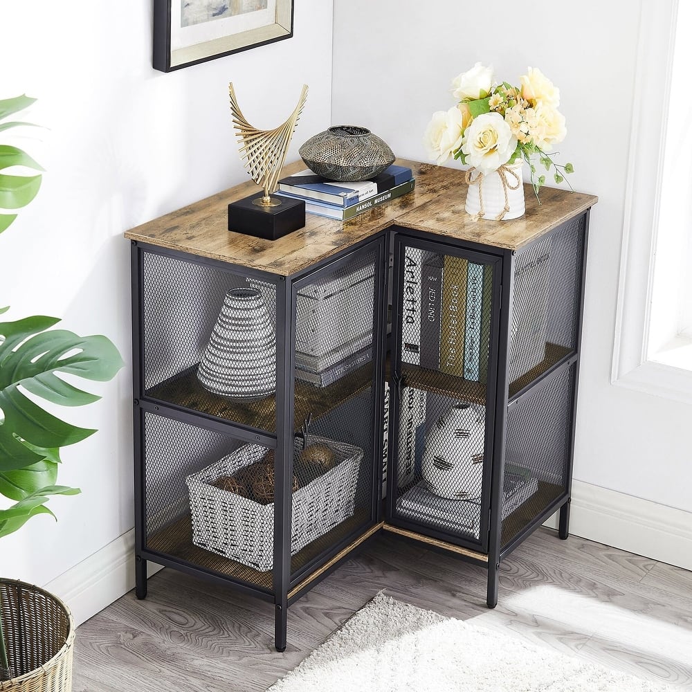 VECELO L-Shaped 3-Tier Corner Cabinet 29.4" End Table with Mesh Doors and Storage Shelves 90° Angle Design Free-Standing Table