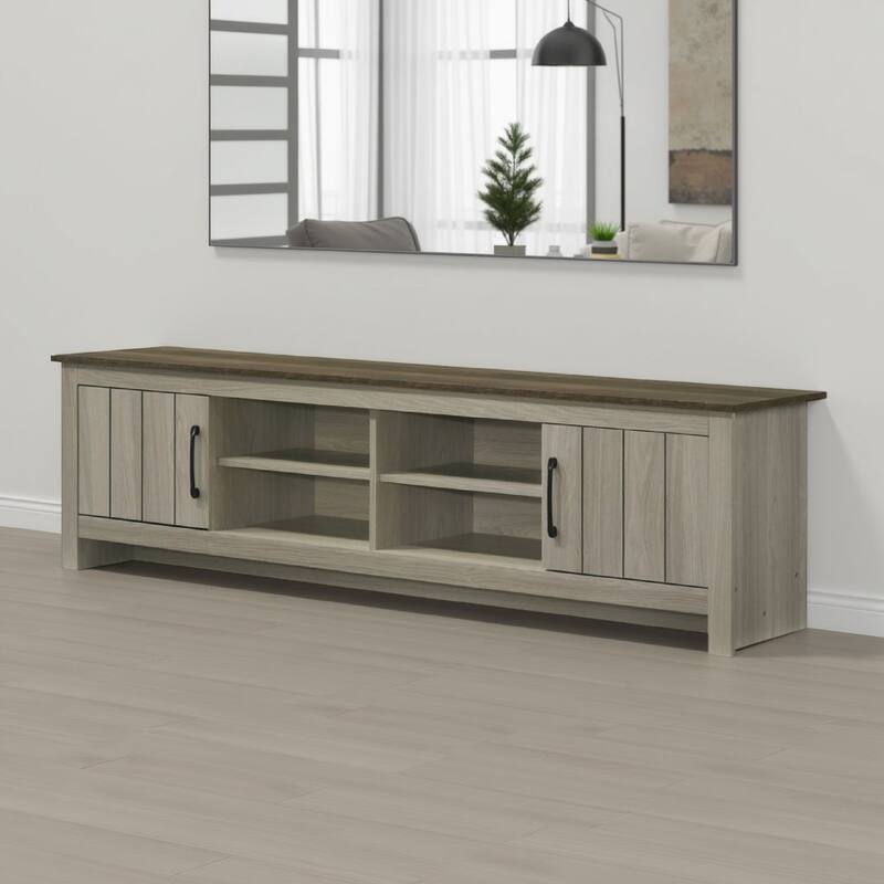 Nena TV Stand Cabinet, 2 Cabinet Doors, Brown Wood Top, Oak Gray