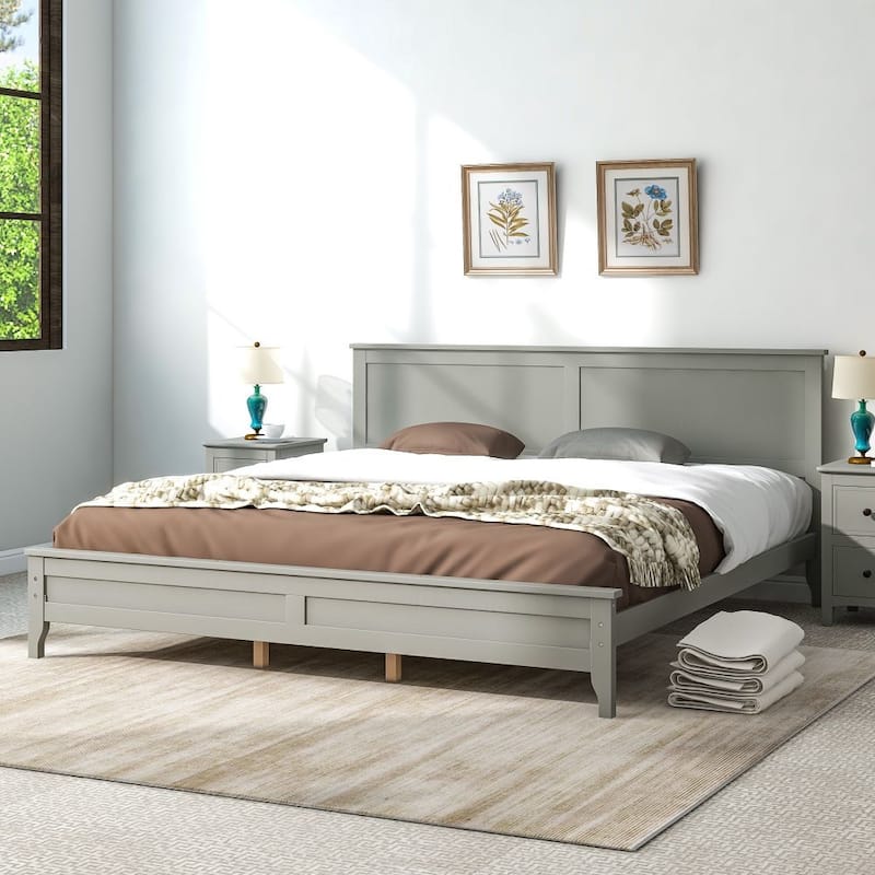 Modern White Solid Wood King Platform Bed - Grey