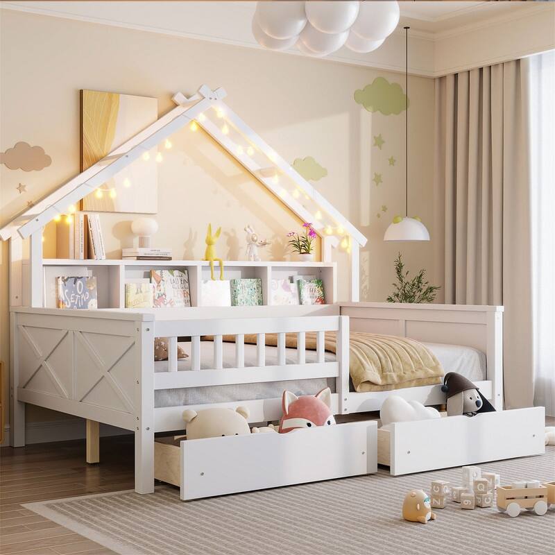 Wooden House Platform Bed with LED Light and 2 Storage Drawers, Full Size Daybed Sofa Bedframe with Storage Shelves & Guardrail