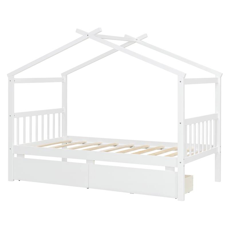 Twin Size House-Shaped Wooden Bed with Drawers, White