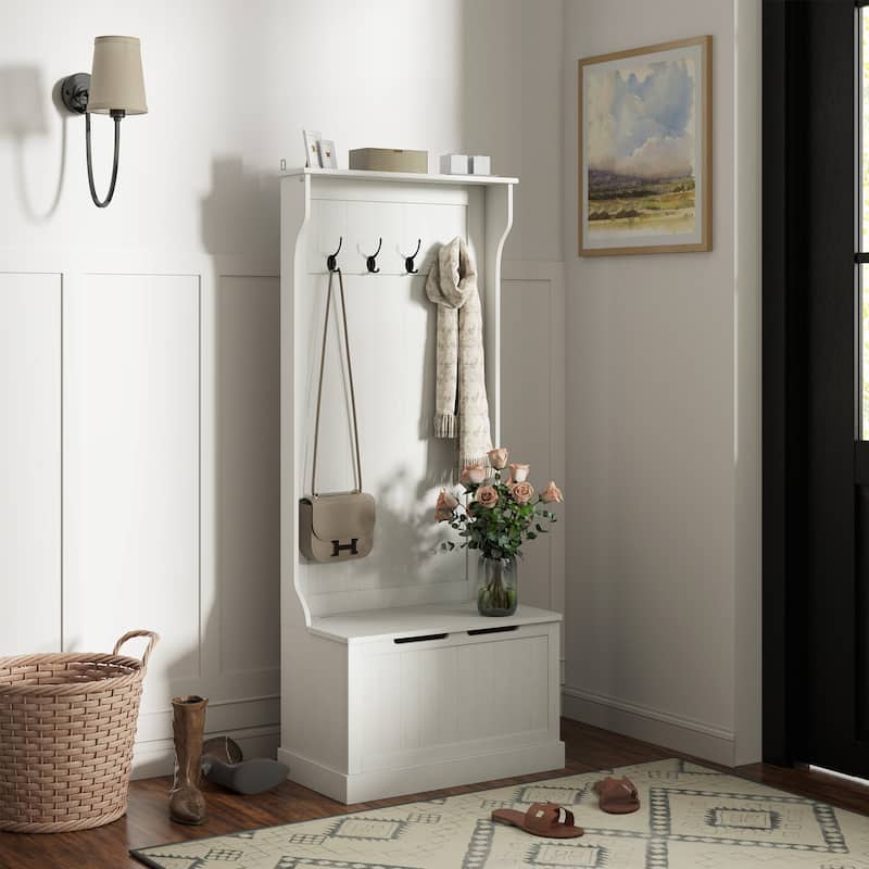 Multifunctional Hall Tree with Storage Bench, Coat Hooks & Shoe Storage MDF Wood Steel Hardware - 28.25" W x 15.5" D x 67" H - White