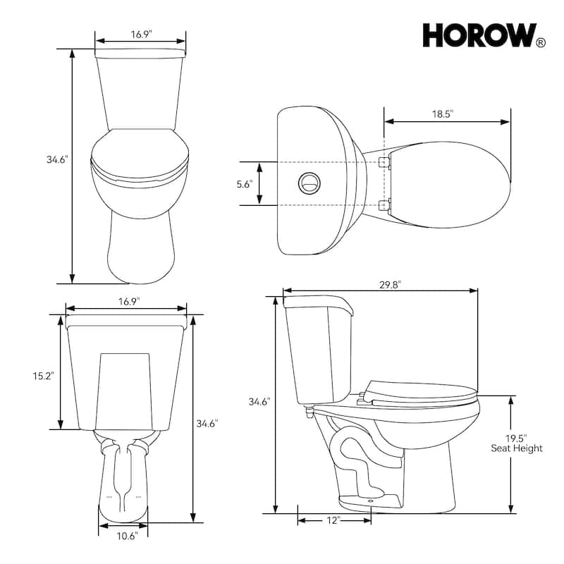 HOROW 19 Inch ADA Tall 2 Piece Dual Flush Elongated Toilet White 1.1/1.6 GPF Strong Flush Soft Close Seat - 19 Inch