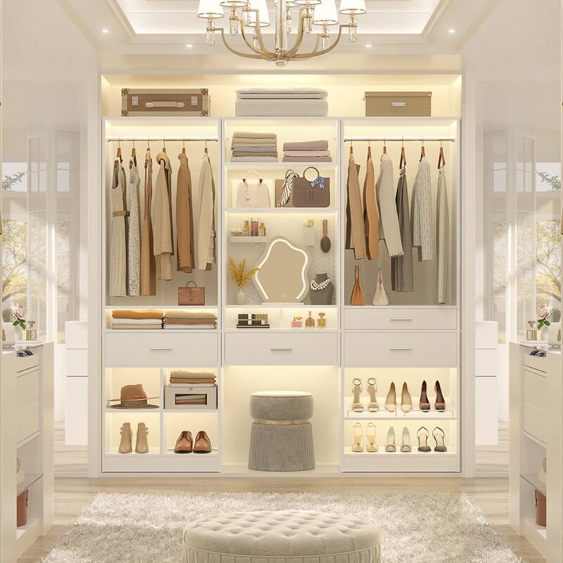 Set of 3 75'' Closet System with Metal Pegboard ＆ Shoe Rack ＆ Hanging Rods ＆ 4 Drawers, Space-saving Walk-in Closet Organizer