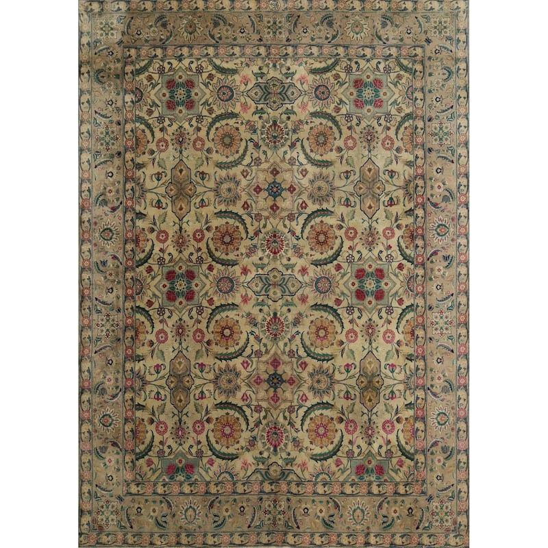 Hand Knotted Oriental 100% Wool Carpet Traditional All-Over Beige & Ivories Tabriz Area Rug - 12' 6'' X 10' 11''