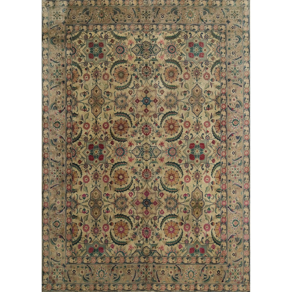 Hand Knotted Oriental 100% Wool Carpet Traditional All-Over Beige & Ivories Tabriz Area Rug - 12' 6'' X 10' 11''
