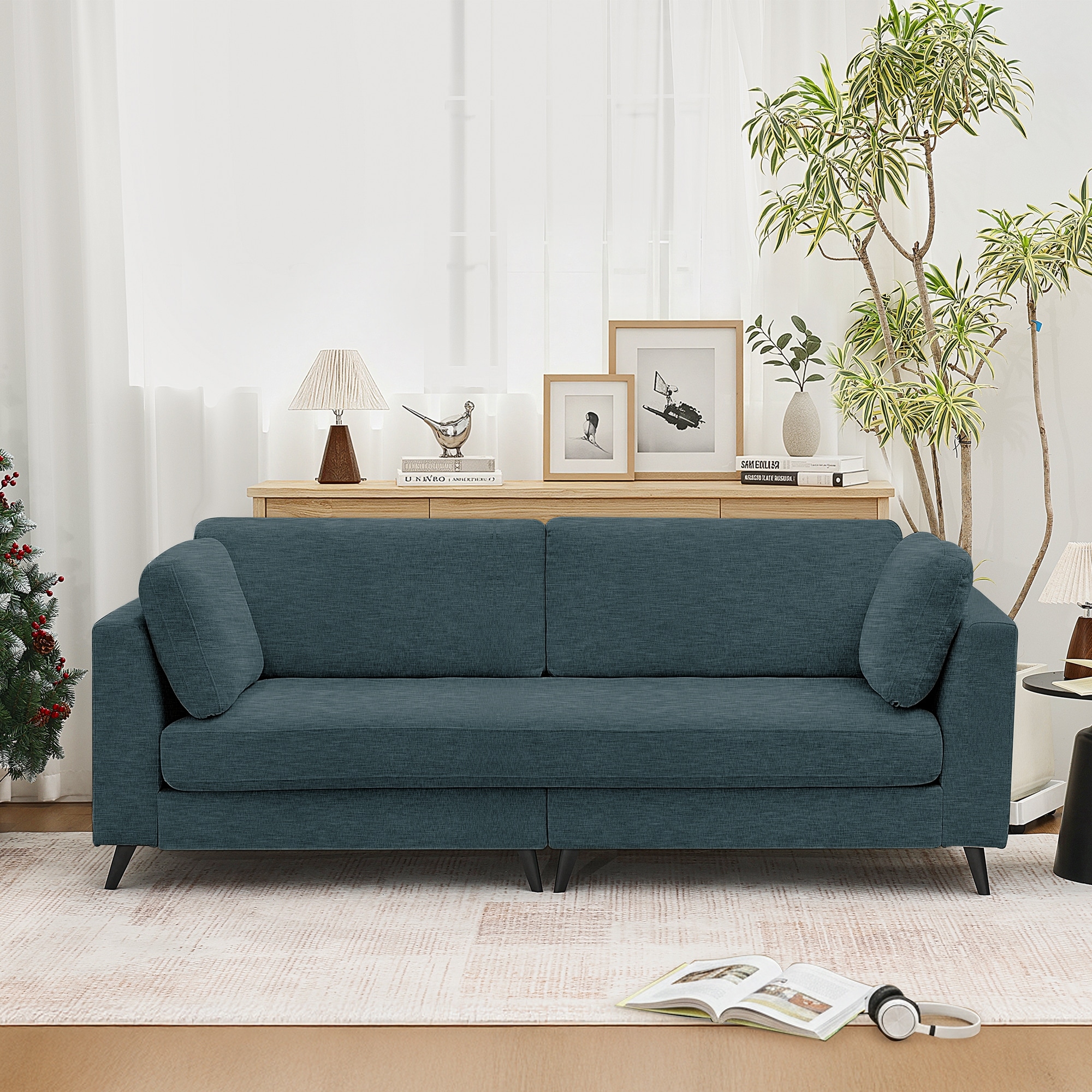 Modern Chenille 2 Seater Sofa Chouch with Bolster Pillows