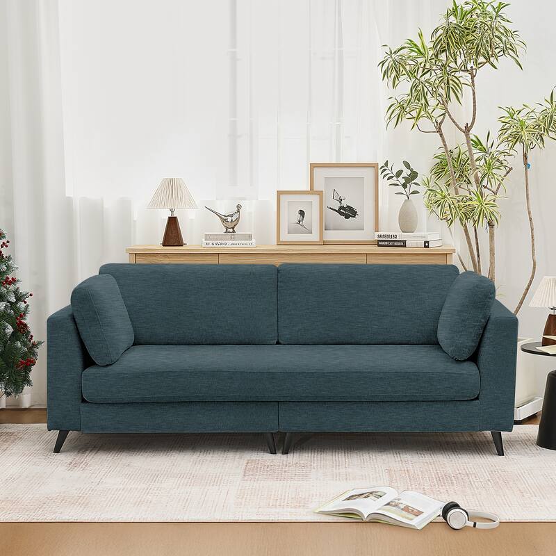 Modern Chenille 2 Seater Sofa Chouch with Bolster Pillows - Navy