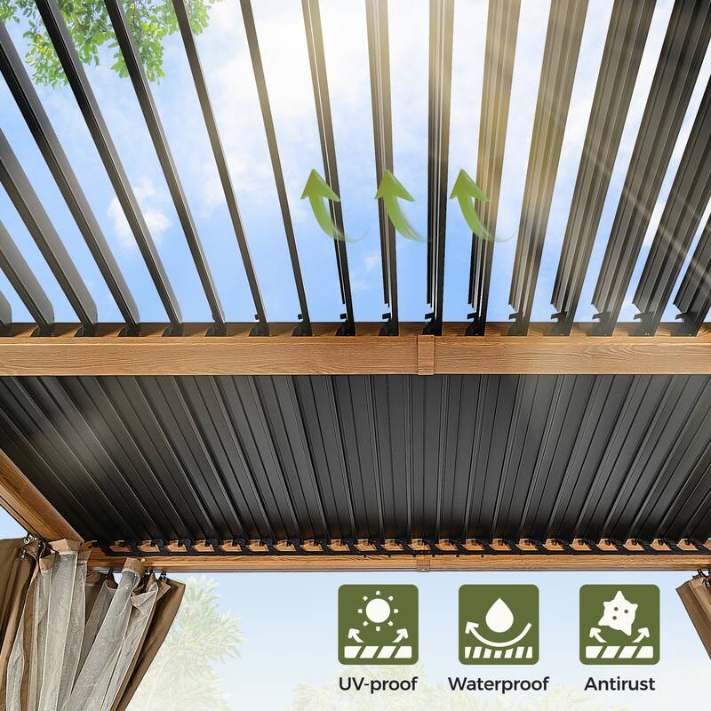 10 ft. x 10 ft. Aluminum Louvered Pergola with Adjustable Roof and Curtains