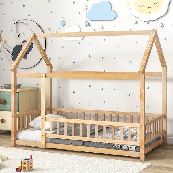 slide 2 of 6, Natural Twin Size Wooden Floor Bed with House Roof Frame, Fence Guardrails for Kids, Bedroom Twin - Natural