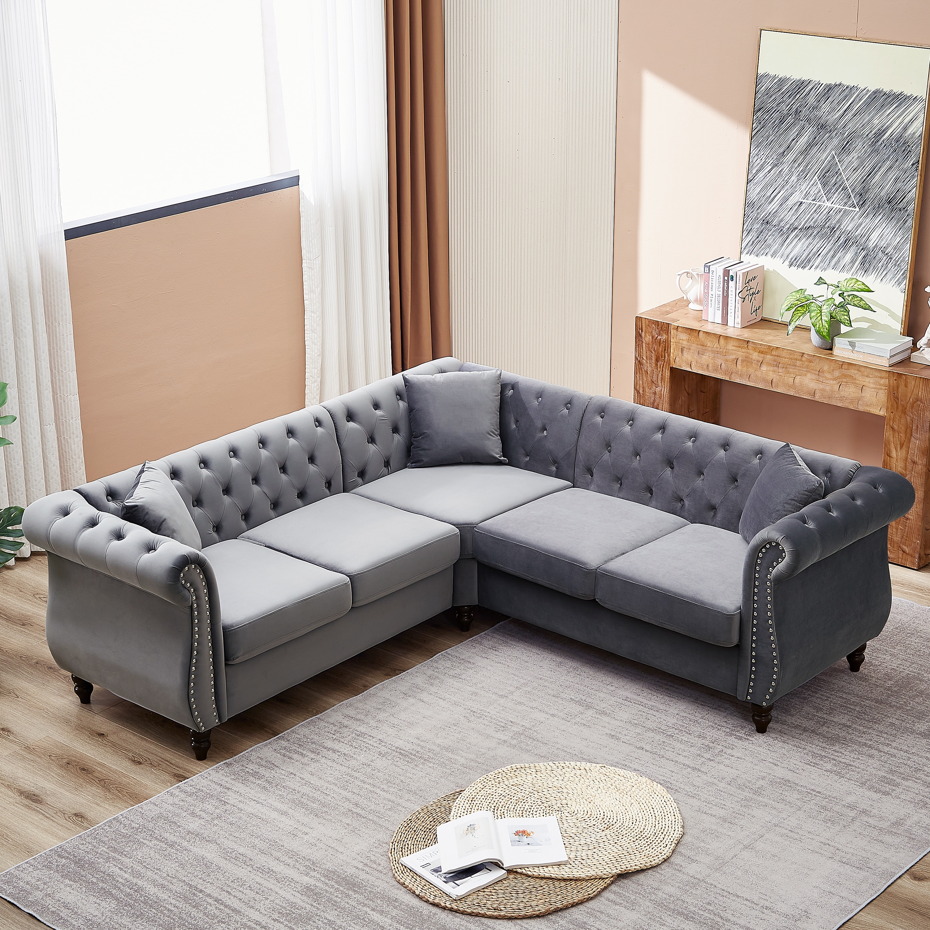 Living Room Sectional Sofa Sets Gray L-Shaped Corner Sofa 5-Seater