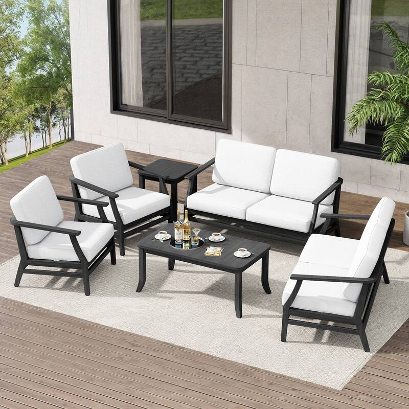 Teak Outdoor Patio Conversation Set with Cushions and Tables (6-Piece)