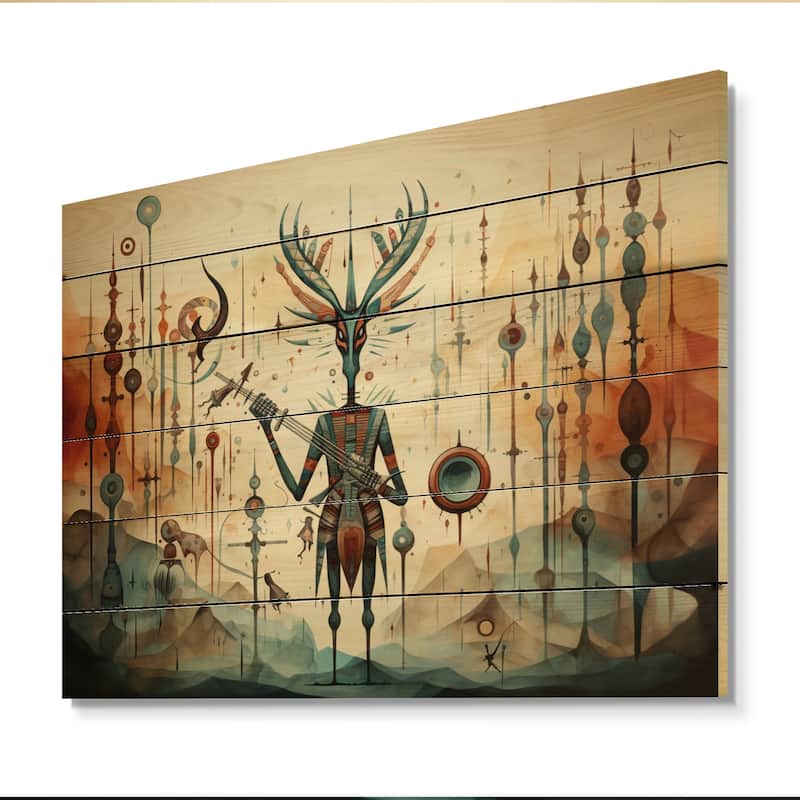 Designart "Native Art Kokopellis Melodies II" Native American Print on Natural Pine Wood