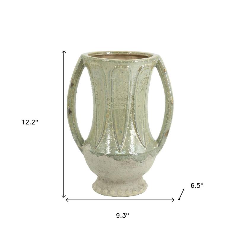 12" Sage And Ivory Amphora Ceramic Table Vase - 9.30