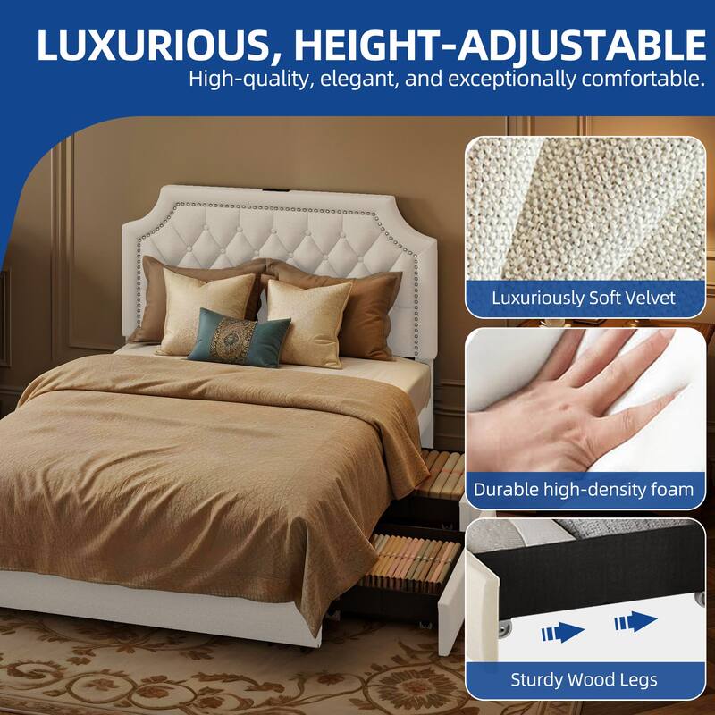 Moasis Velvet/Linen Upholstered Bedframe with Adjustable Headboard and 4 Storage Drawers