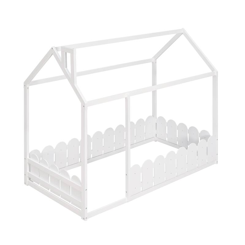 (Slats are not included)Twin Size Wood bed House bed Frame with Fence,for ,Teens, Girls,Boys (White)