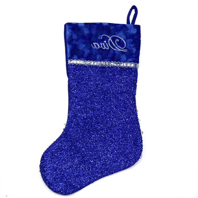 17" Blue and Silver Embroidered "Diva" Christmas Stocking with Cuff