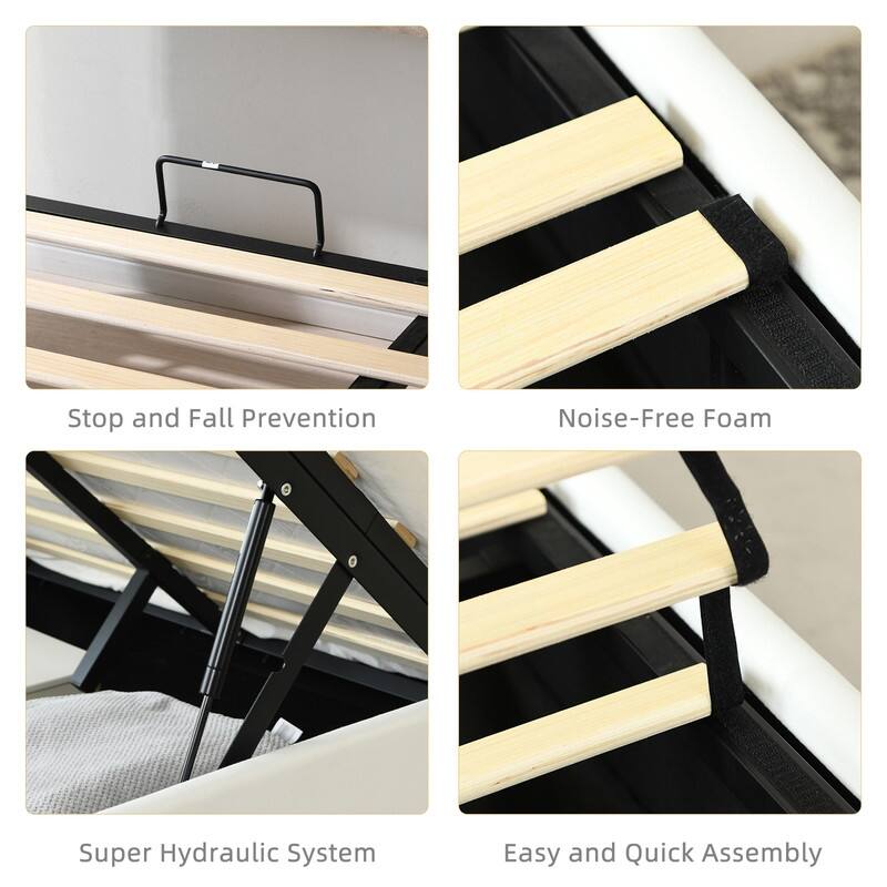 Plywood Frame Upholstered Platform Bed with Lift-up Storage Supported by Metal and Wooden Slats