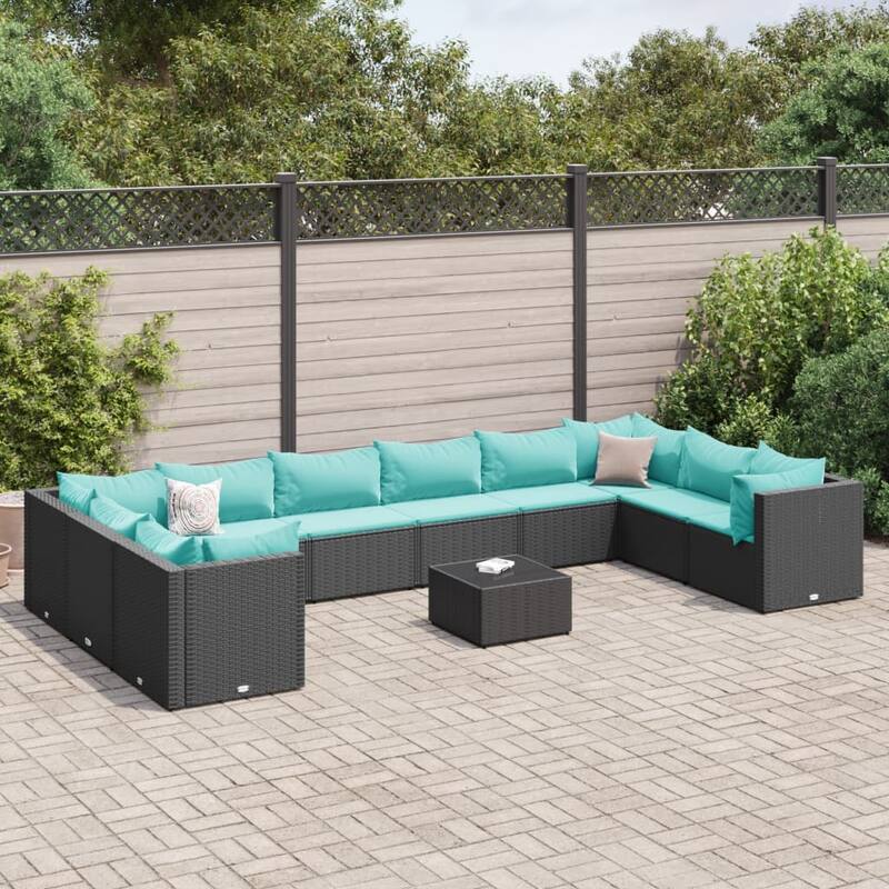 vidaXL Patio Lounge Set with Cushions Sectional Sofa Garden Backyard Poly Rattan - 24.8" x 24.8" x 22.6" - Black (10)