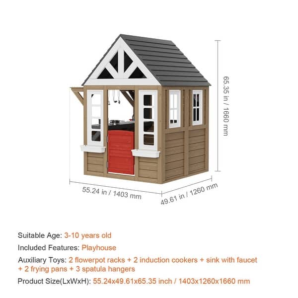 Outdoor Wooden Kids Garden Games Cottage with 2 Windows and 2 Flowerpot Racks - 55.24” x 49.61” x 65.35”