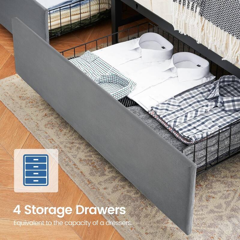 Velvet Bed Frame with Four Storage Drawers and USB Charging Station