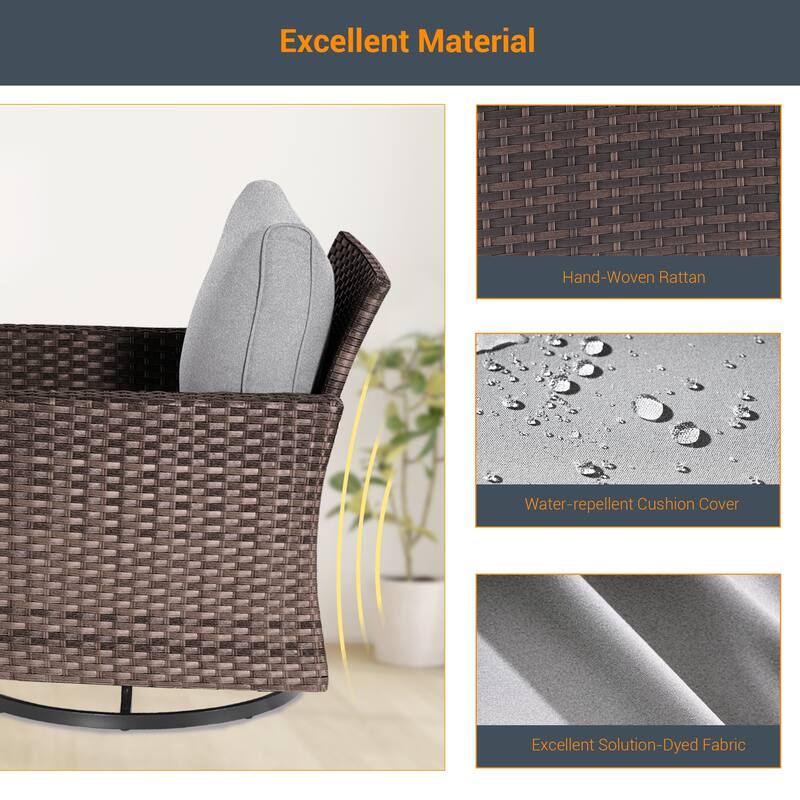 LIVOOSUN 3-Piece Patio Sofa Set Brown Rattan Swivel Rocking Chair Glass Table