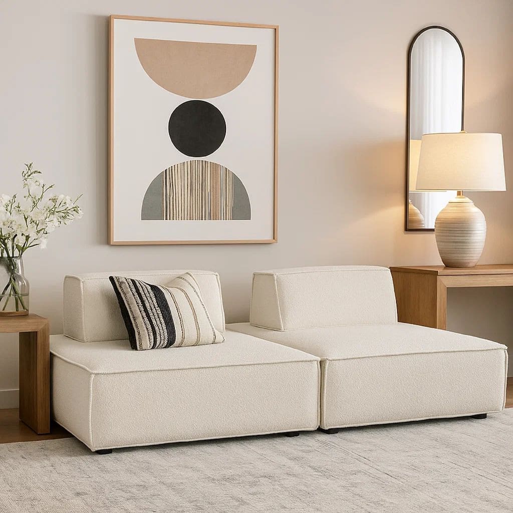 Gada 2 Piece Square Lounger Chairs, Welt Trim Ivory Boucle, Solid Wood