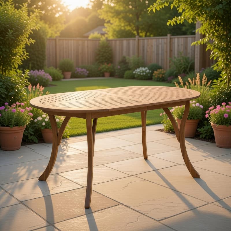 Outdoor Dining Table, 70 Inch Slat Style Oval Top, Teak Acacia Wood
