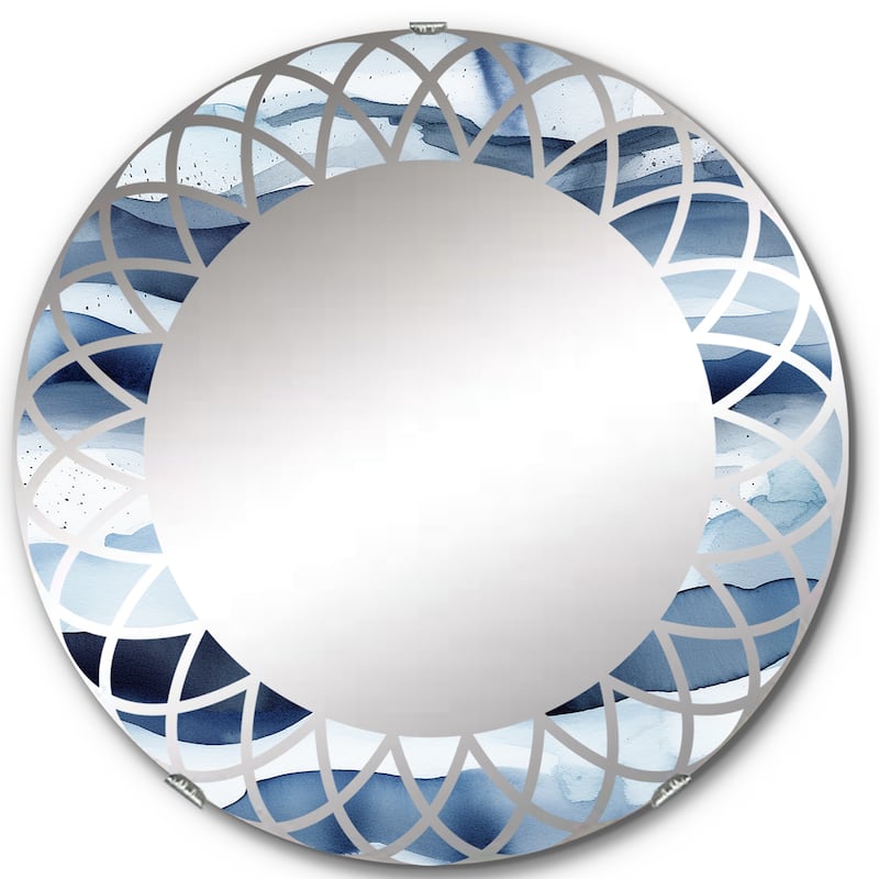 Designart "Abstract Classic Blue Waves II" Fractals Modern Wall Mirror
