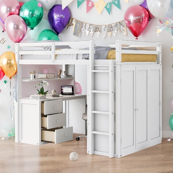 Modern Full Size Loft Bed With Drawers,Desk and Wardrobe