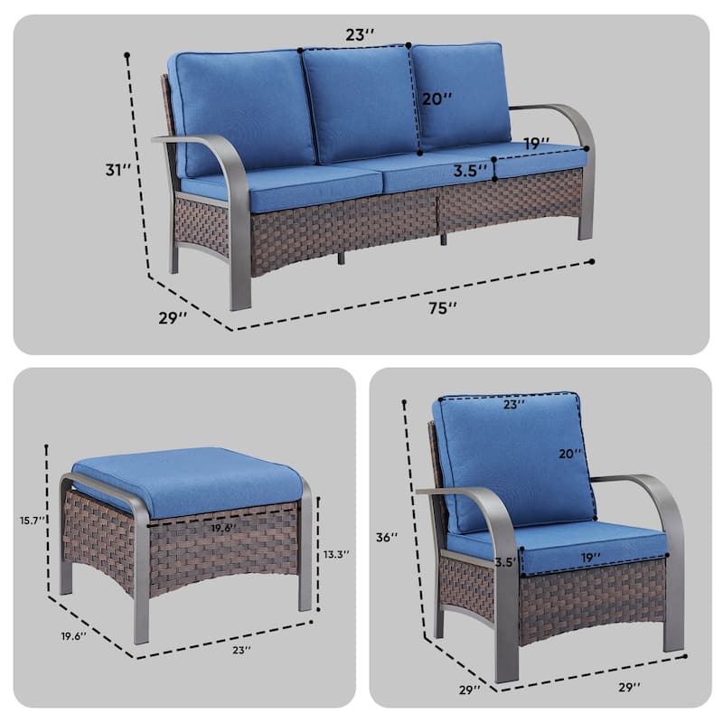 Outdoor 3 Seats Sofa with Ottoman, Club Chairs Furniture Set