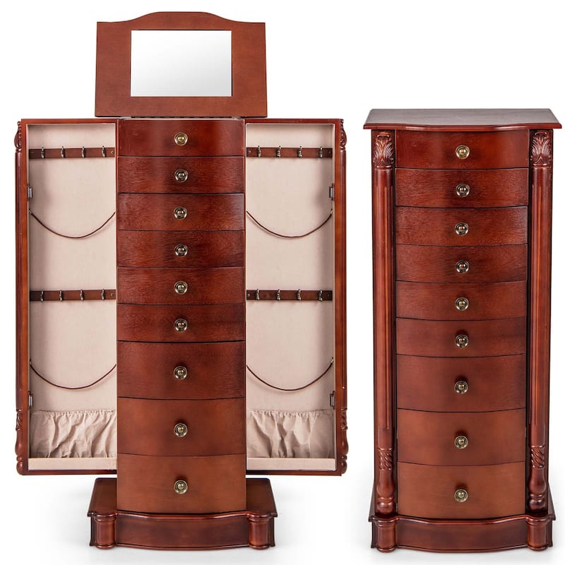 Costway Wood Jewelry Cabinet Storage Chest Stand Organizer Necklace