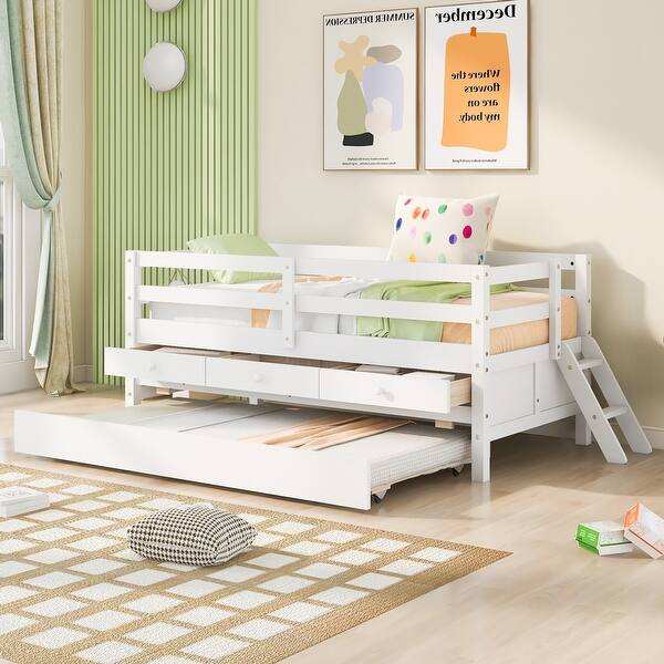 slide 2 of 16, White Twin Size Solid Wood Low Loft Bed with Full Safety Fence, Climbing ladder, Storage Drawers and Trundle White
