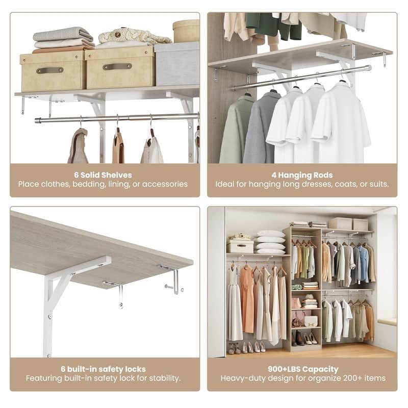 Heavy-Duty Wood Walk-In Closet Organizer - Adjustable Wardrobe System with 4 Hanging Rods & 5 Shelves for 8 ft Spaces