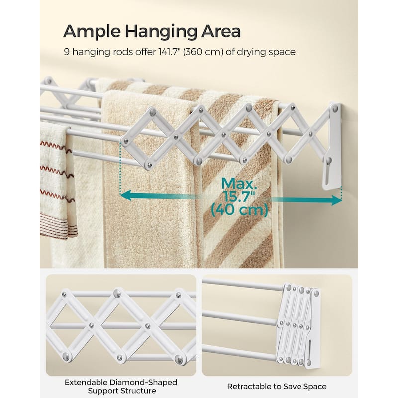 Wall-Mounted Expandable Steel Clothes Drying Rack with 9 Hanging Rods Perfect for Laundry Room or Bathroom