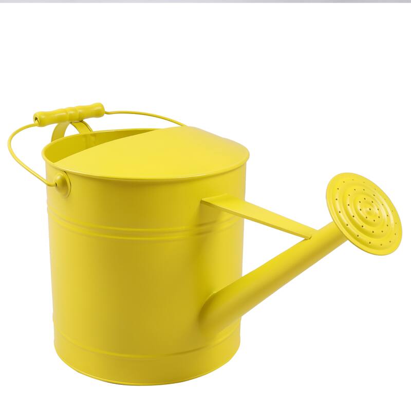 Metal and Wood Watering Can Long Spout Outdoor Garden Use - 10" Yellow - 20" x 9.5" x 10"