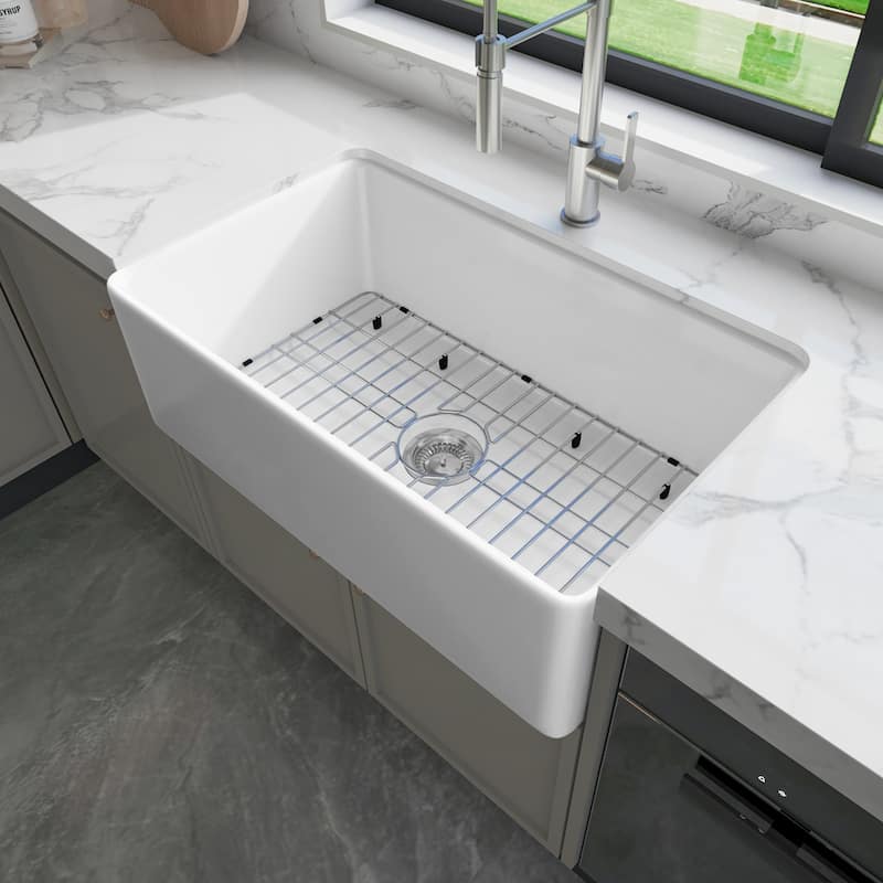 Sinber Farmhouse Apron Single Bowl Kitchen Sink with Fireclay White Finish