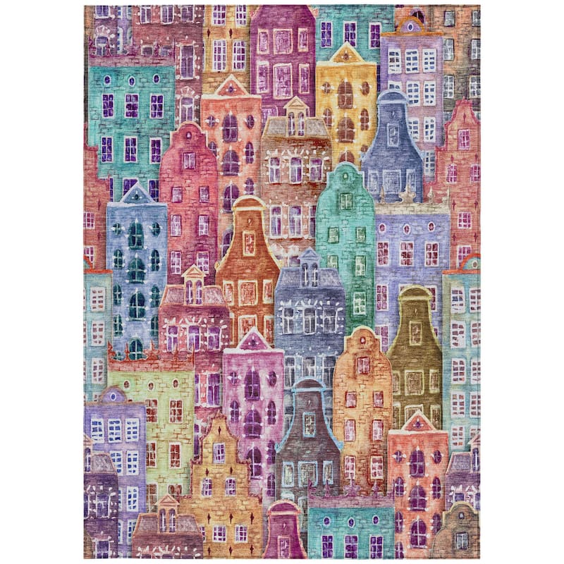 HomeRoots Village Houses Transitional Rectangle Outdoor Rug