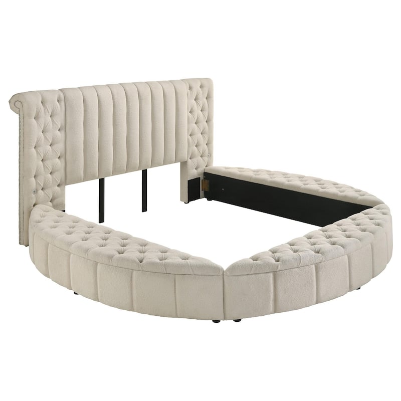 Neya King Round Bed with Storage, Wingback, Ivory Boucle Upholstery