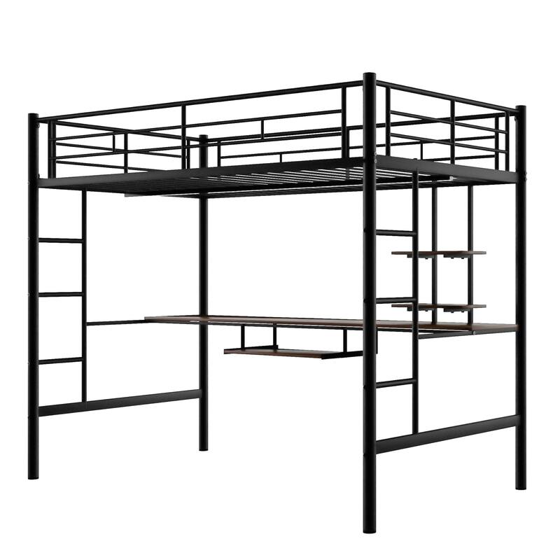 Space-Saving Loft Bed with Desk and Shelf, Full Size, Black