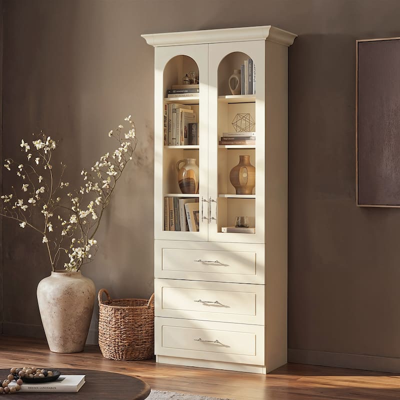 Modular Bookcase with LED Lights, Glass Door Storage Cabinet with Drawers, Large Display Shelving Unit Sideboard