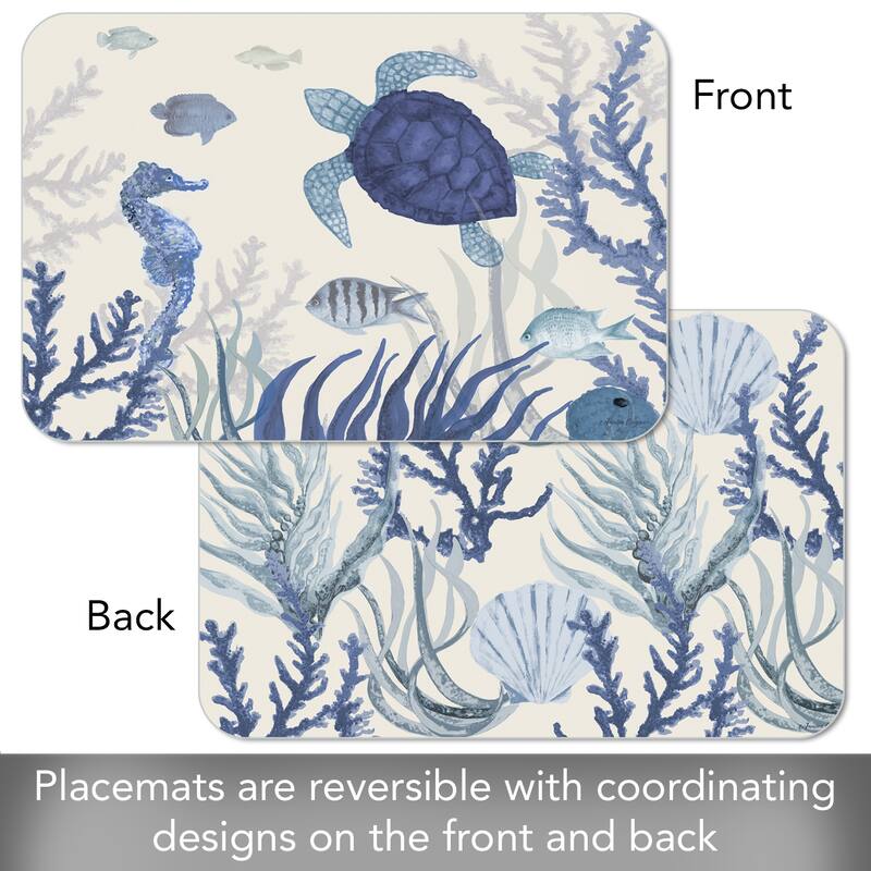 Blue Sea Life 4 Pack Reversible Easy Care Flexible Plastic Placemats Made in The USA BPA Free Easily Wipes Clean
