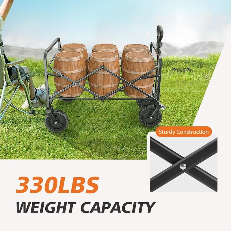 Collapsible Folding Wagon, Wagon Cart Foldable with Two Drink Holders, Utility Grocery Wagon for Camping Shopping Sports
